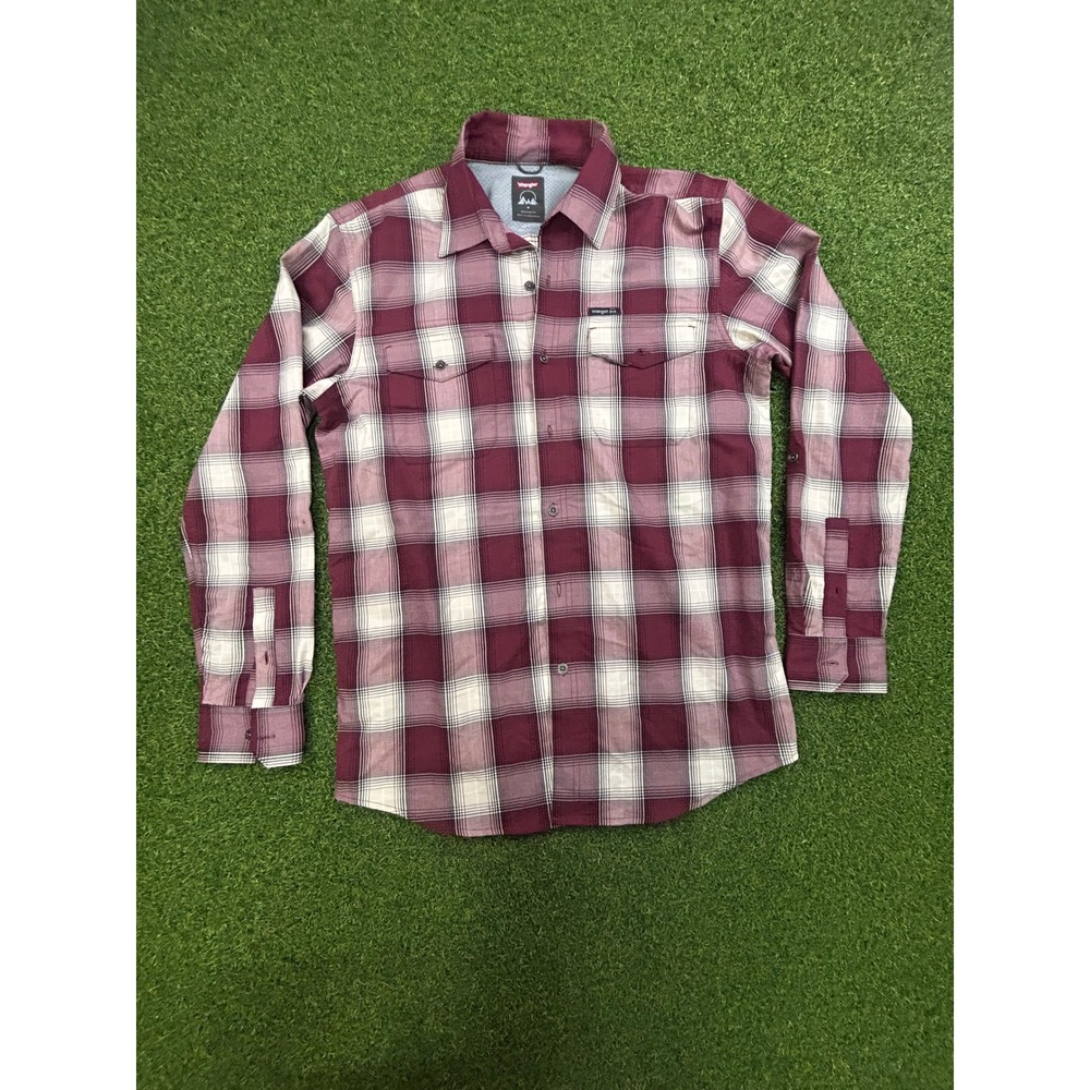 Wrangler Outdoor Mens Plaid Button Down Shirt Burgundy Regular Fit Medium